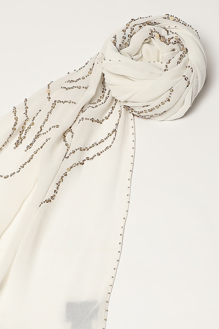 Ivory Silk Georgette Hand Embroidered Scarf by Abraham & Thakore at Pernia's Pop Up Shop