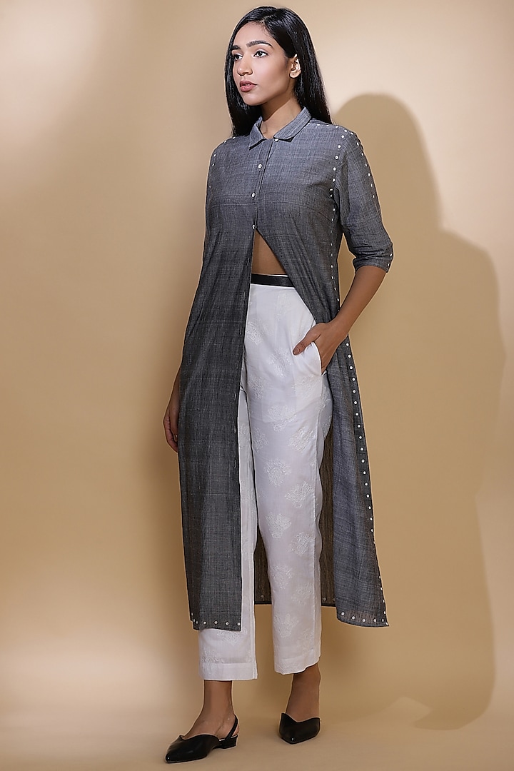 Grey Hand Embroidered Long Jacket by Abraham & Thakore