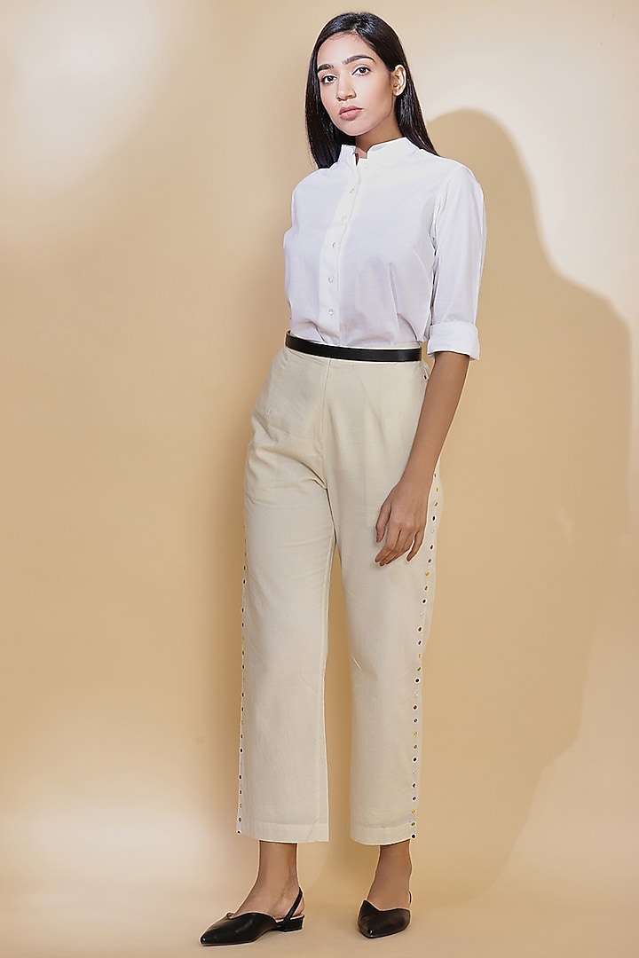 Ivory Printed Straight Pants by Abraham & Thakore at Pernia's Pop Up Shop