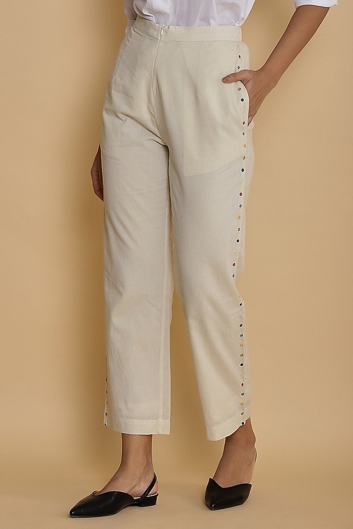 Ivory Printed Straight Pants by Abraham & Thakore at Pernia's Pop Up Shop