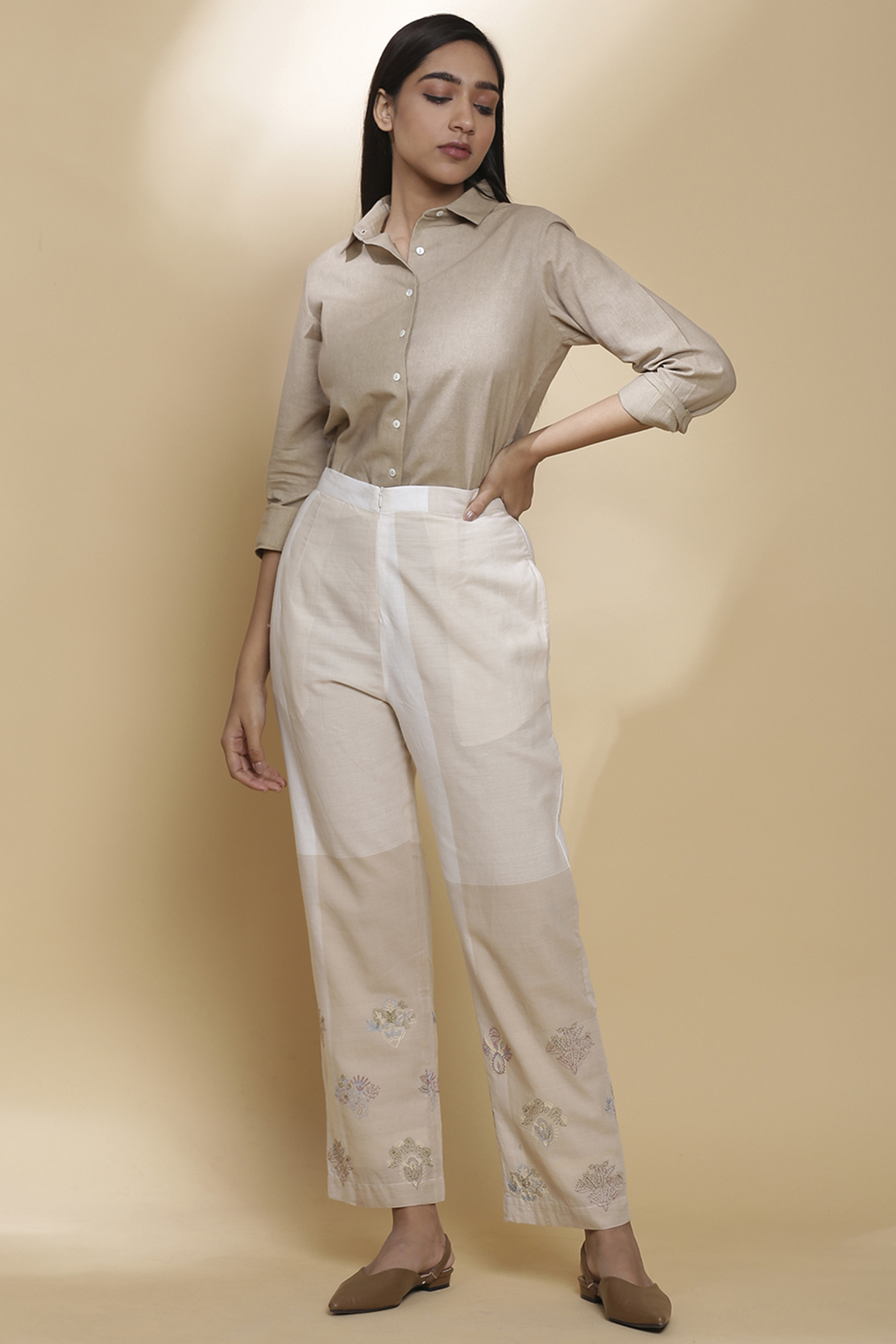 Beige Embroidered Regular Fit Pants by Abraham & Thakore at Pernia's Pop Up Shop