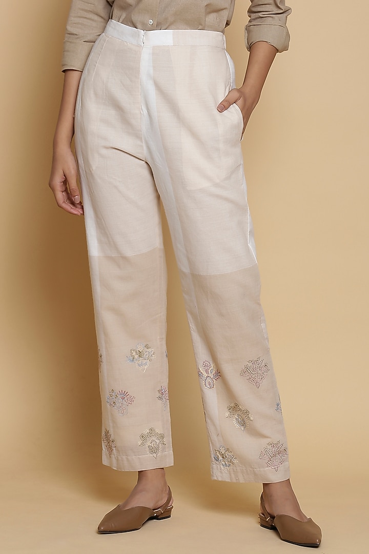 Beige Embroidered Regular Fit Pants by Abraham & Thakore at Pernia's Pop Up Shop