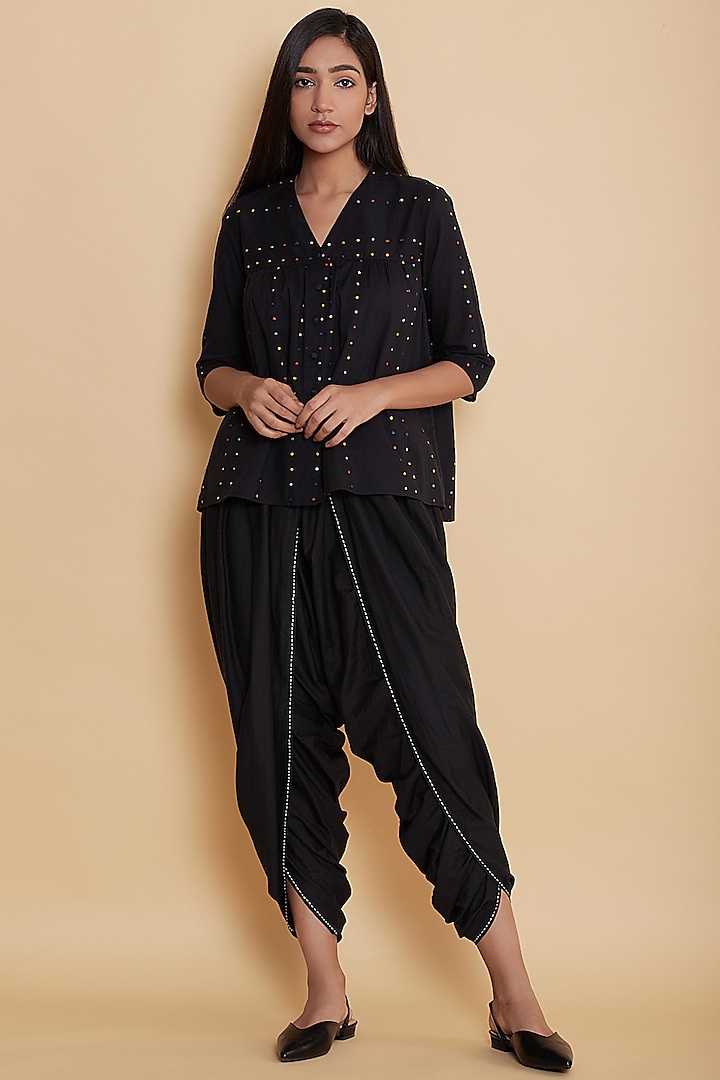 Black Top With Embroidered Dots by Abraham & Thakore at Pernia's Pop Up Shop