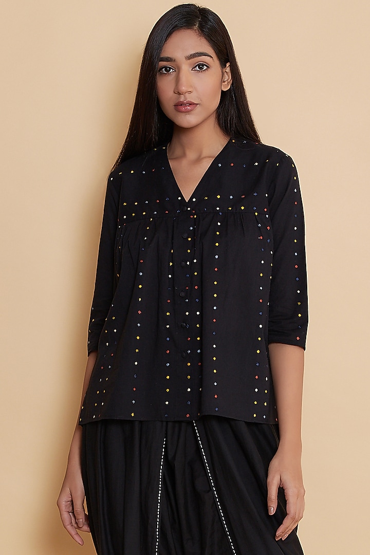 Black Top With Embroidered Dots by Abraham & Thakore at Pernia's Pop Up Shop