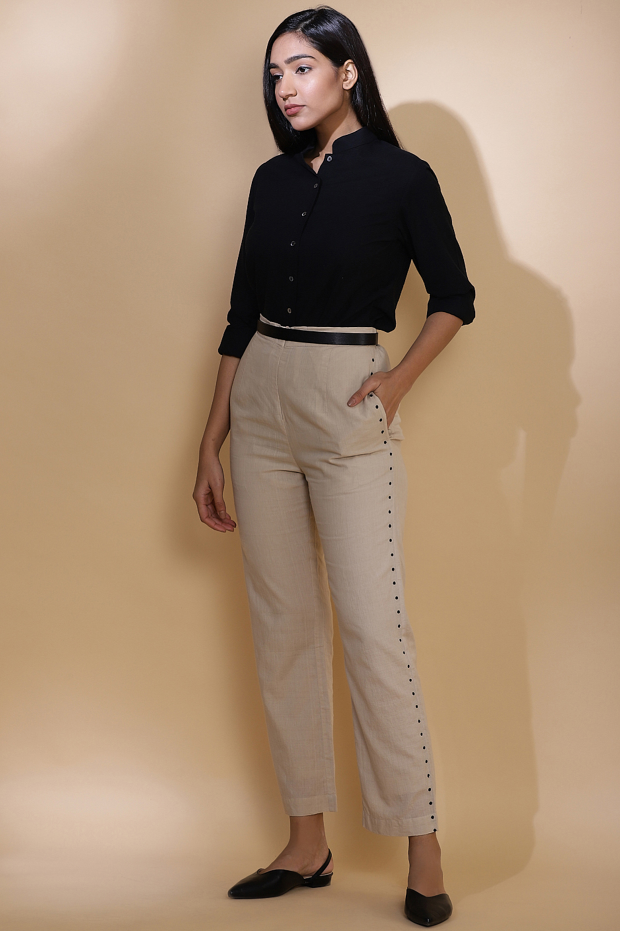 Beige Hand Block Printed Pants by Abraham & Thakore at Pernia's Pop Up Shop