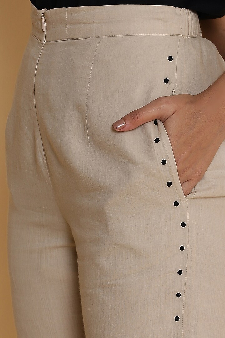 Beige Hand Block Printed Pants by Abraham & Thakore at Pernia's Pop Up Shop