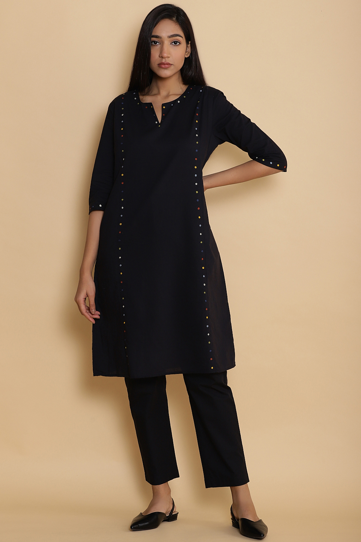 Black Kurta With Embroidered Dots by Abraham & Thakore at Pernia's Pop Up Shop