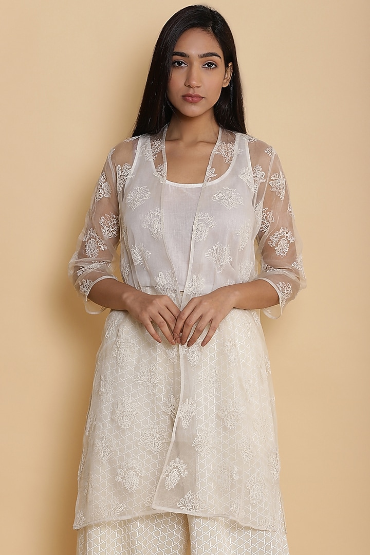 Ivory Jacket With Floral Embroidery by Abraham & Thakore at Pernia's Pop Up Shop