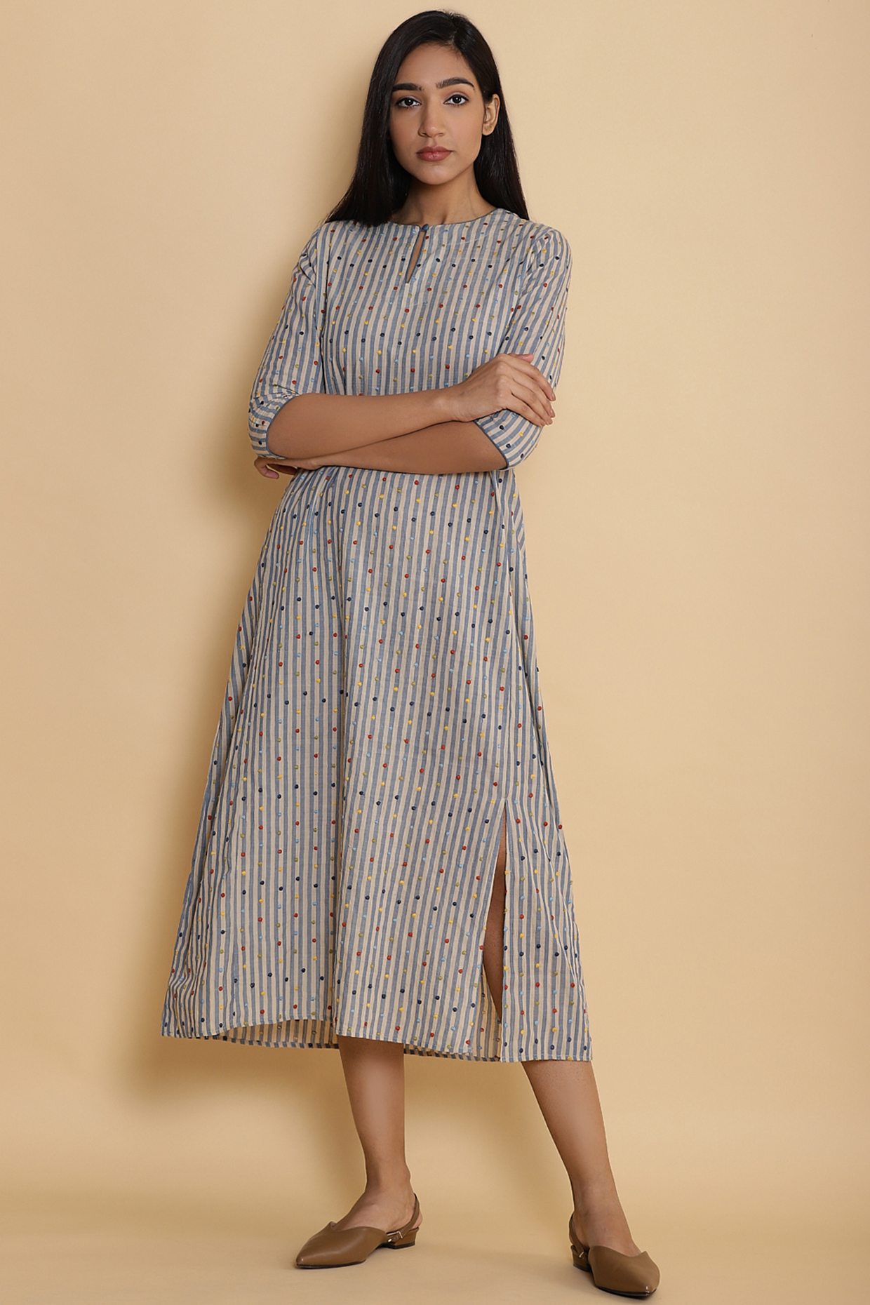 Blue Kurta With Stripes by Abraham & Thakore at Pernia's Pop Up Shop