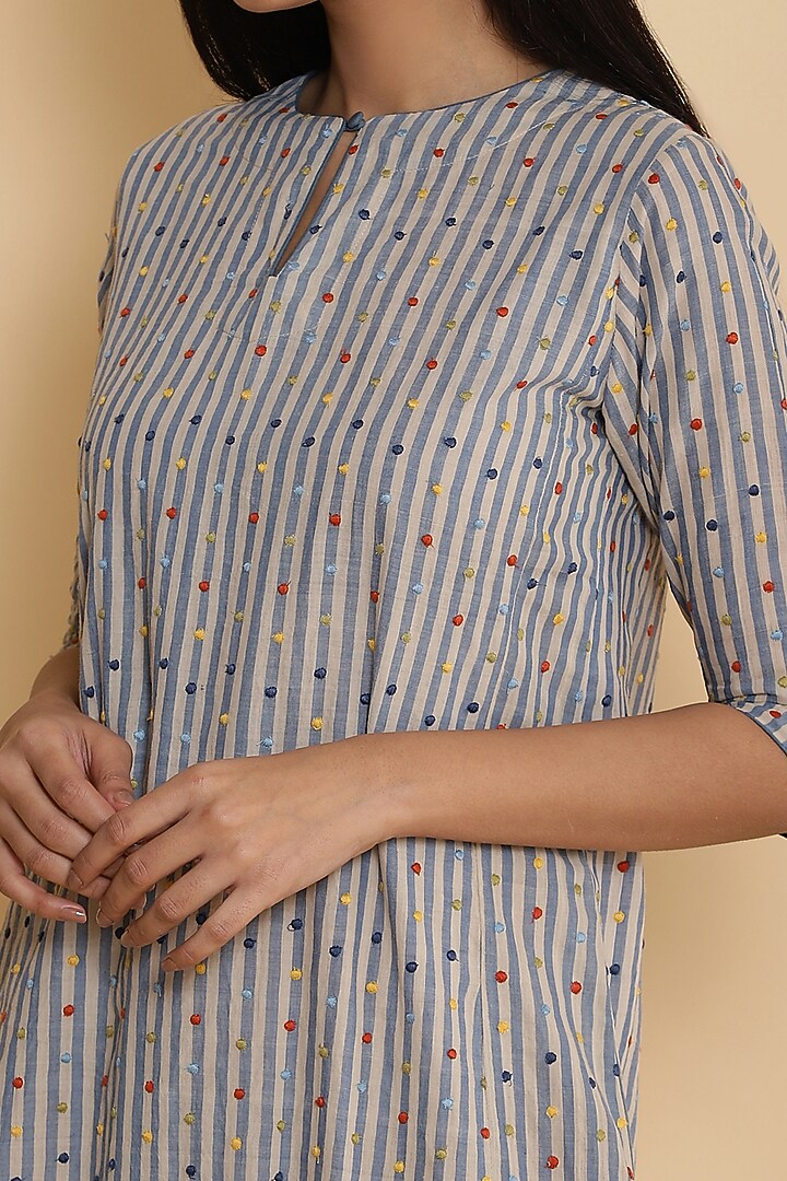 Blue Kurta With Stripes by Abraham & Thakore at Pernia's Pop Up Shop