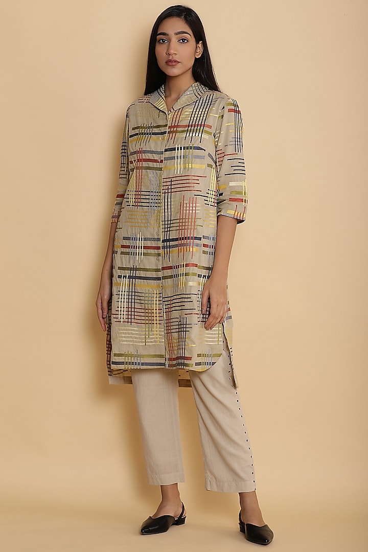 Beige Shirt Jacket With Embroidered Lines by Abraham & Thakore at Pernia's Pop Up Shop