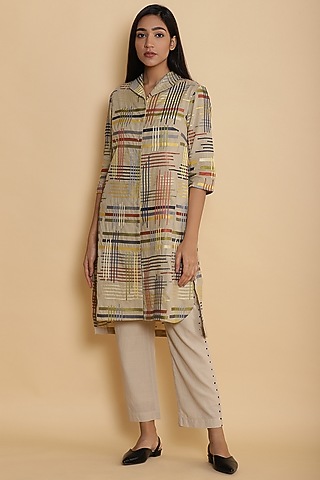 Beige Shirt Jacket With Embroidered Lines by Abraham & Thakore