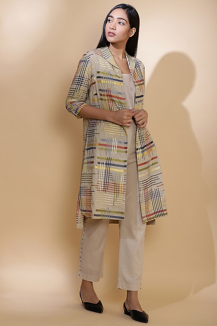 Beige Shirt Jacket With Embroidered Lines by Abraham & Thakore at Pernia's Pop Up Shop