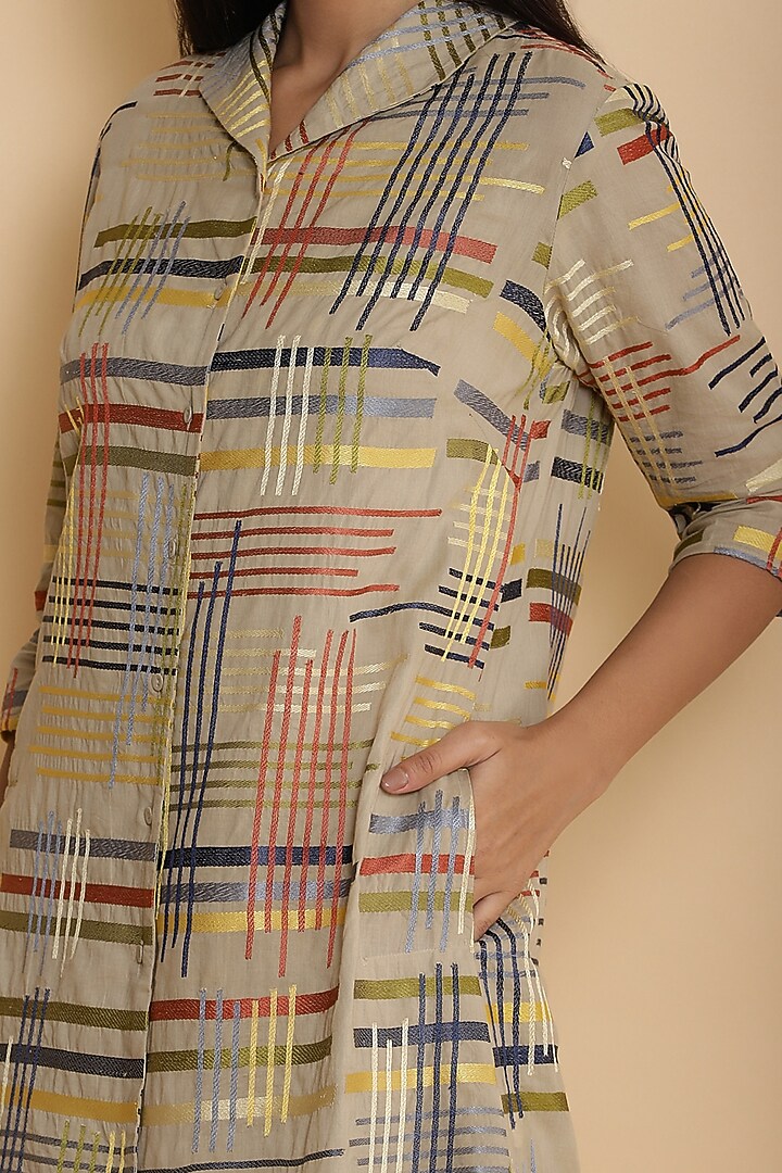 Beige Shirt Jacket With Embroidered Lines by Abraham & Thakore at Pernia's Pop Up Shop