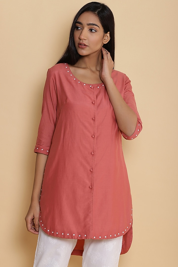 Rose Pink Embroidered Shirt by Abraham & Thakore at Pernia's Pop Up Shop
