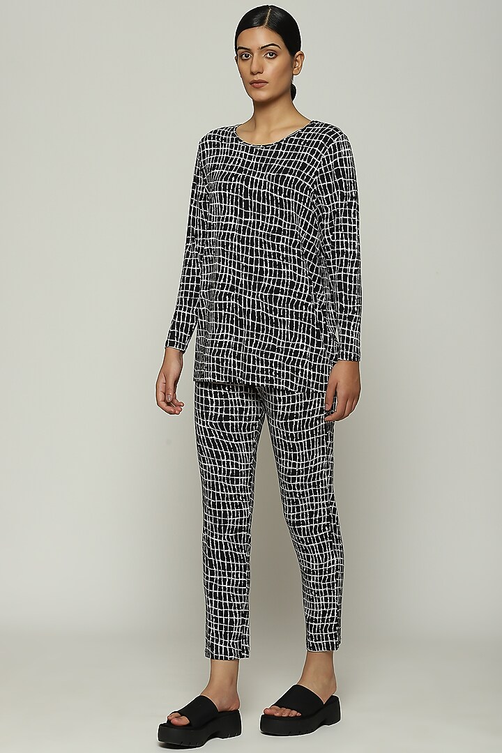 Black Lycra & Tencel Printed Top by Abraham & Thakore at Pernia's Pop Up Shop