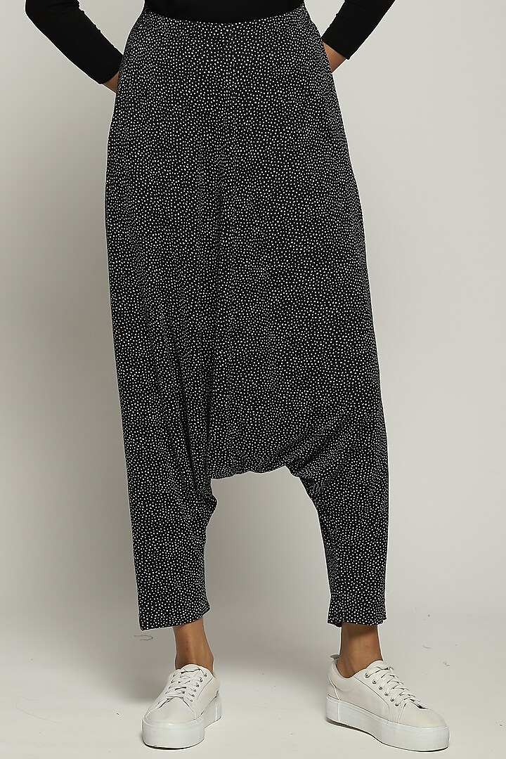 Black Lycra & Tencel Printed Pants by Abraham & Thakore at Pernia's Pop Up Shop