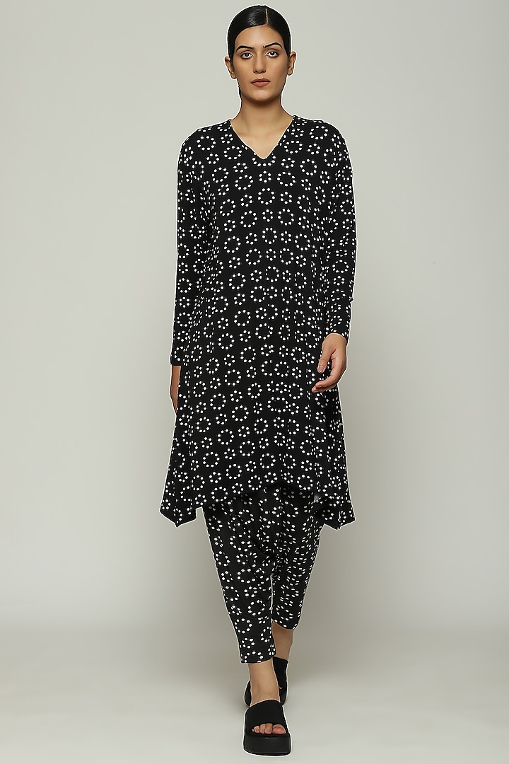 Black Lycra & Tencel Printed Pants by Abraham & Thakore at Pernia's Pop Up Shop