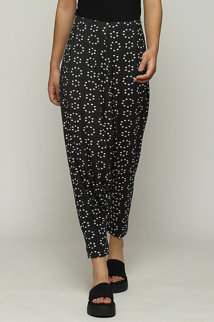 Black Lycra & Tencel Printed Pants by Abraham & Thakore at Pernia's Pop Up Shop