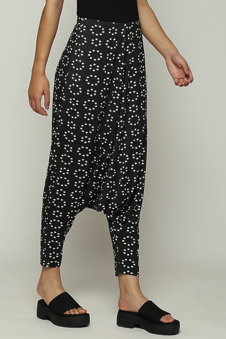 Black Lycra & Tencel Printed Pants by Abraham & Thakore at Pernia's Pop Up Shop