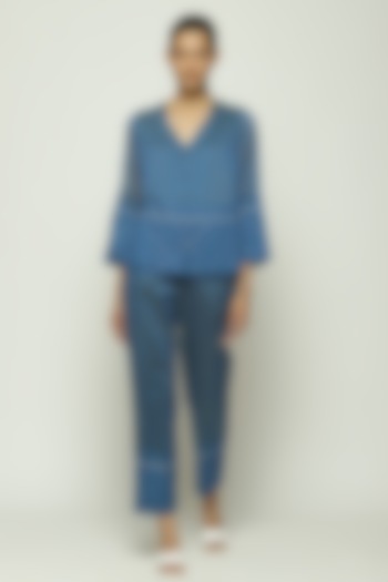 Blue Maheshwari Silk Sequin Embroidered Tapered Pant by Abraham & Thakore at Pernia's Pop Up Shop