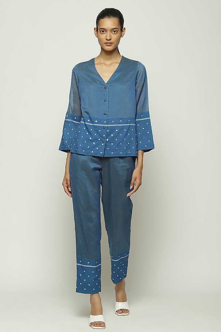 Blue Maheshwari Silk Sequin Embroidered Tapered Pant by Abraham & Thakore at Pernia's Pop Up Shop