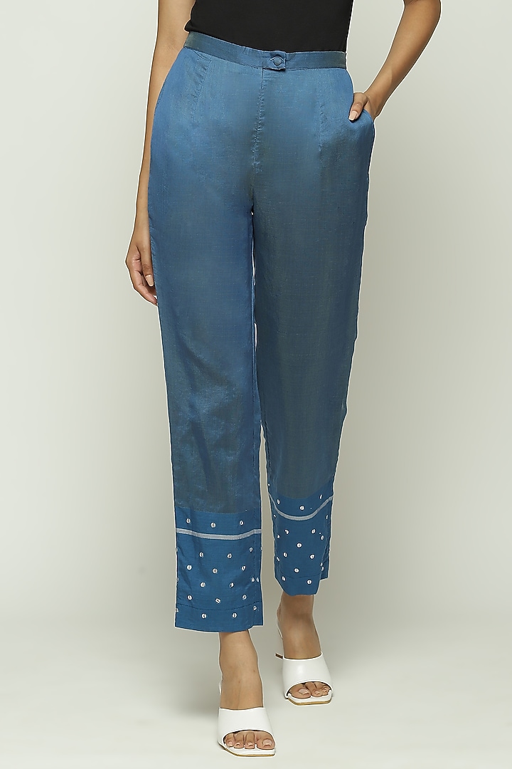 Blue Maheshwari Silk Sequin Embroidered Tapered Pant by Abraham & Thakore at Pernia's Pop Up Shop
