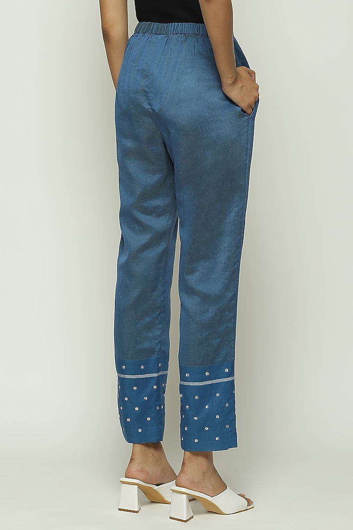 Blue Maheshwari Silk Sequin Embroidered Tapered Pant by Abraham & Thakore at Pernia's Pop Up Shop