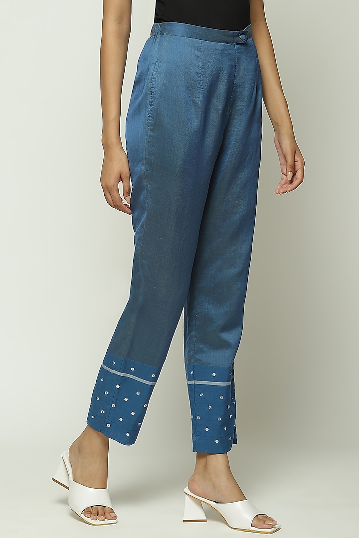 Blue Maheshwari Silk Sequin Embroidered Tapered Pant by Abraham & Thakore at Pernia's Pop Up Shop