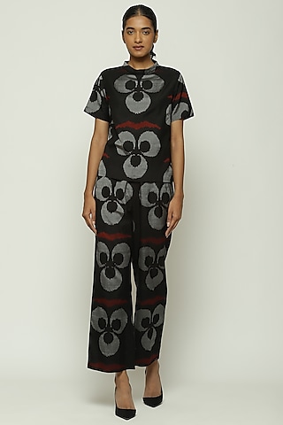 Black Silk & Cotton Ikat Straight Pant by Abraham & Thakore