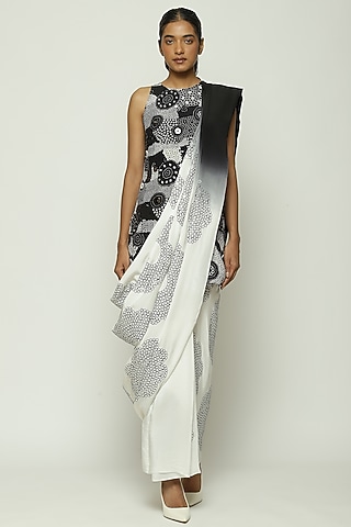 Black & White Fluid Crepe Floral Motif Embroidered Saree by Abraham & Thakore