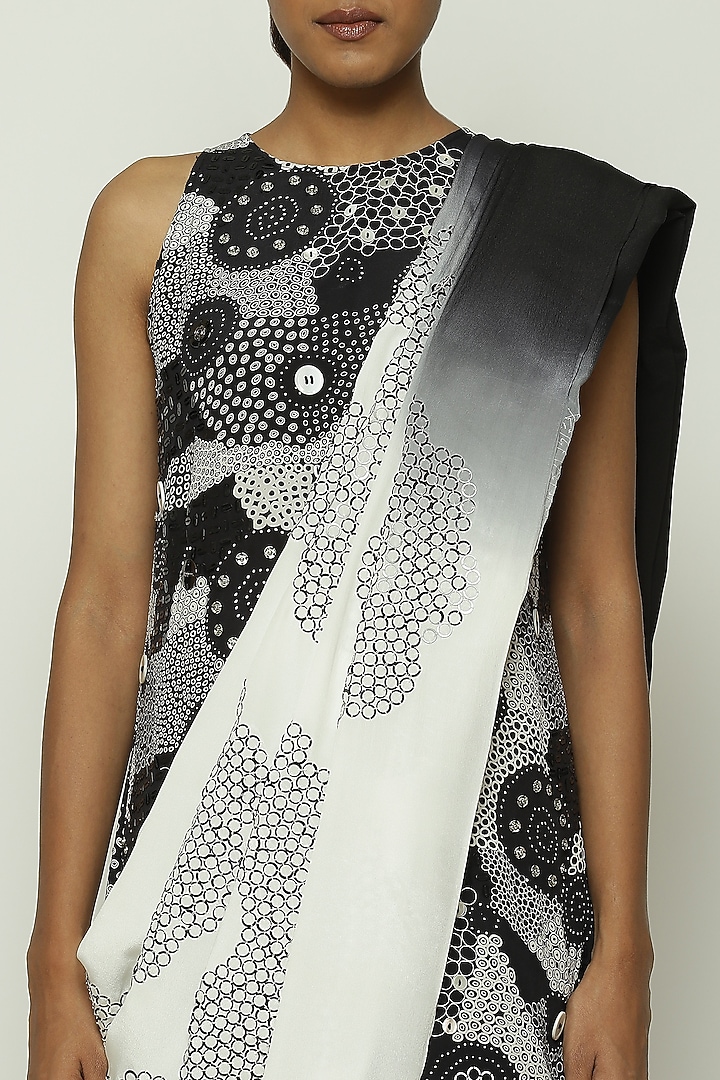 Black & White Fluid Crepe Floral Motif Embroidered Wedding Saree by Abraham & Thakore at Pernia's Pop Up Shop
