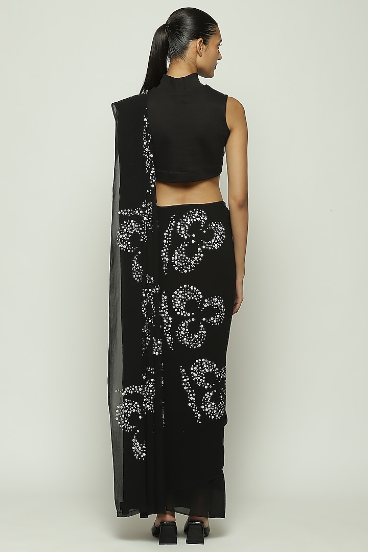 Black Fluid Crepe Floral Motif Embroidered Wedding Saree by Abraham & Thakore at Pernia's Pop Up Shop