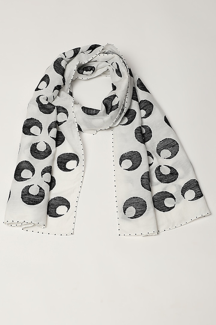 Ivory Silk & Cotton Motif Embroidered Scarf by Abraham & Thakore at Pernia's Pop Up Shop