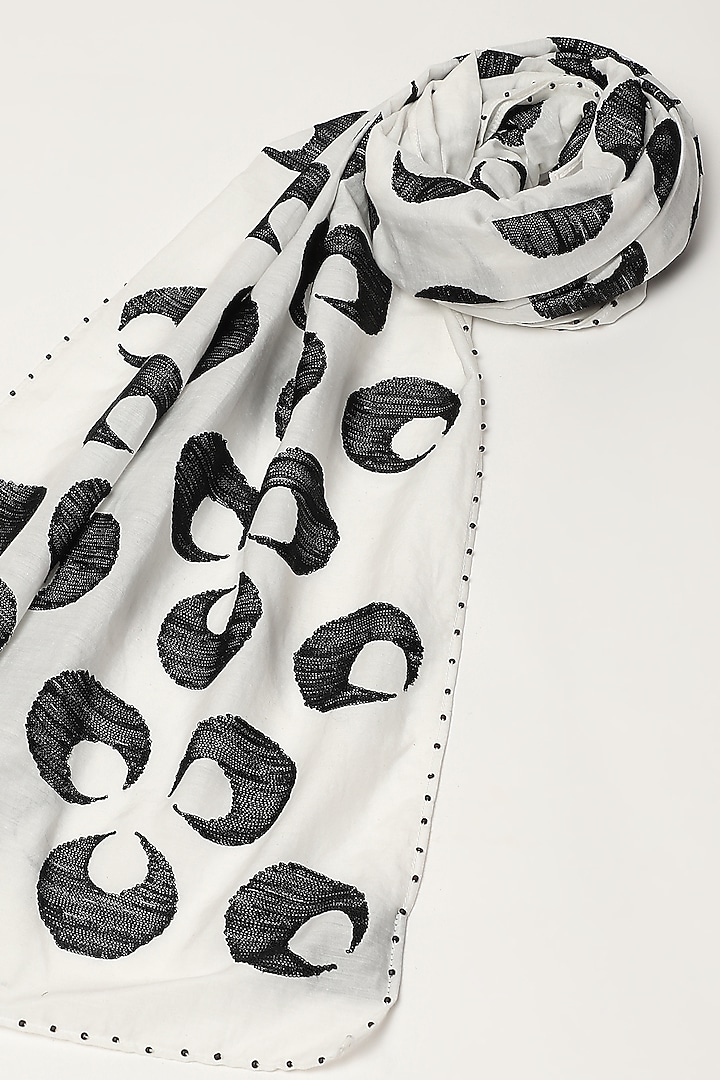 Ivory Silk & Cotton Motif Embroidered Scarf by Abraham & Thakore at Pernia's Pop Up Shop