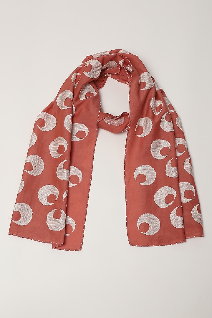 Peach Silk & Cotton Motif Embroidered Scarf by Abraham & Thakore at Pernia's Pop Up Shop