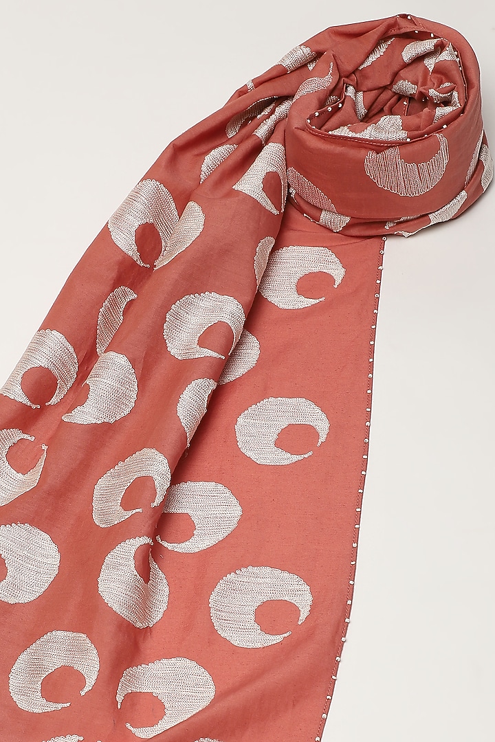 Peach Silk & Cotton Motif Embroidered Scarf by Abraham & Thakore at Pernia's Pop Up Shop