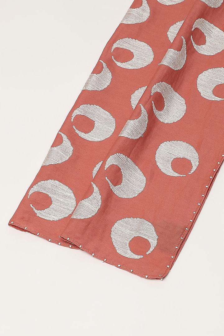 Peach Silk & Cotton Motif Embroidered Scarf by Abraham & Thakore at Pernia's Pop Up Shop