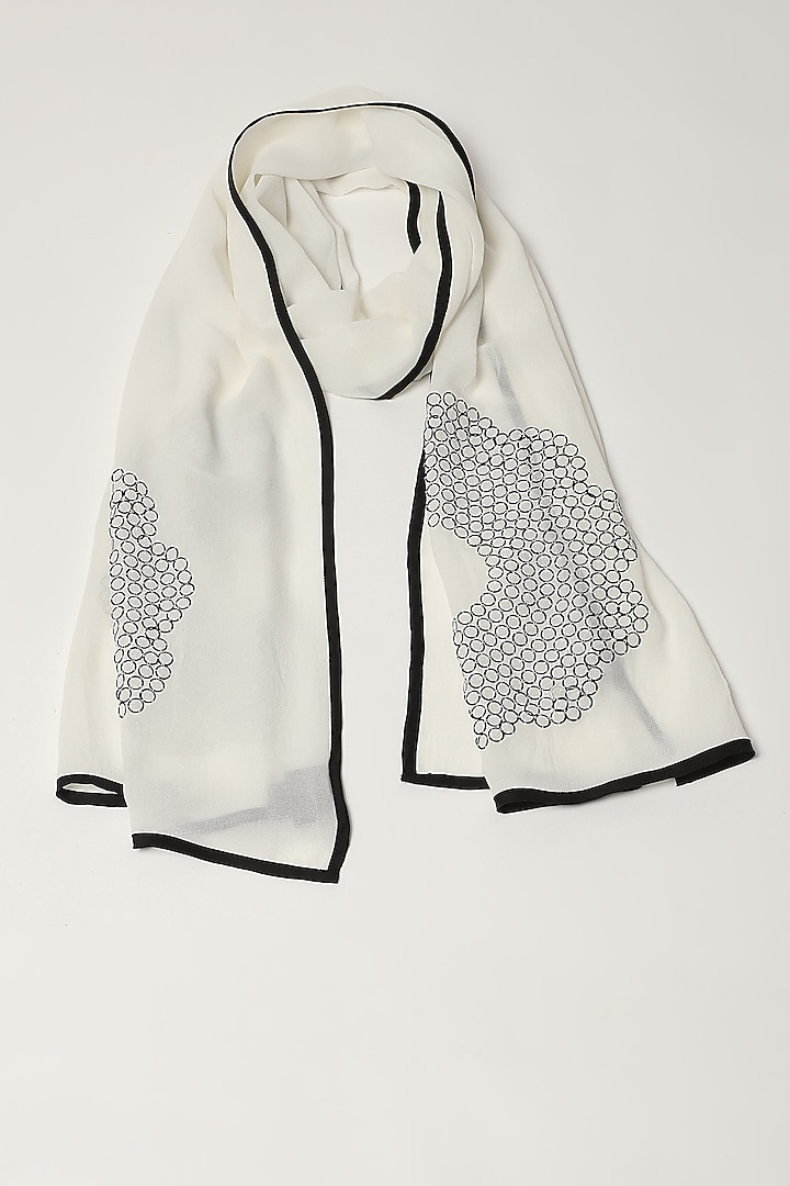 Ivory Silk & Georgette Floral Motif Embroidered Scarf by Abraham & Thakore at Pernia's Pop Up Shop