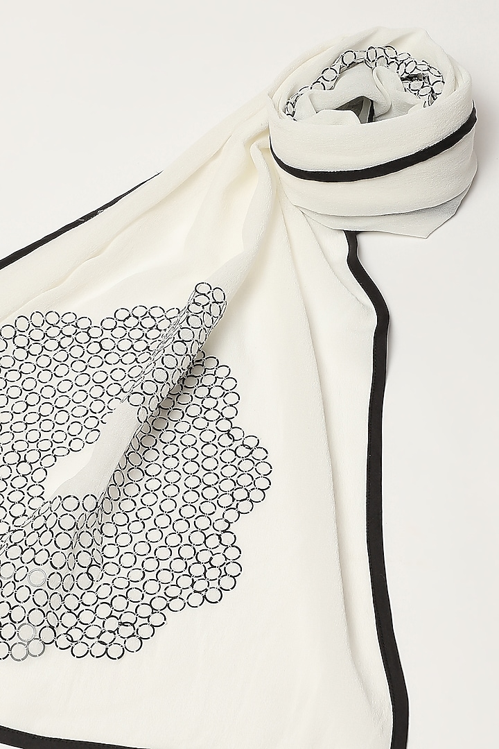 Ivory Silk & Georgette Floral Motif Embroidered Scarf by Abraham & Thakore at Pernia's Pop Up Shop