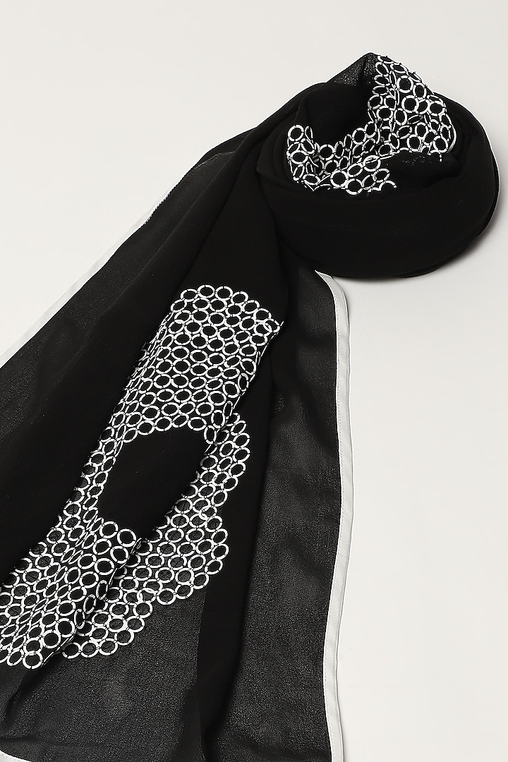 Black Silk & Georgette Floral Motif Embroidered Scarf by Abraham & Thakore at Pernia's Pop Up Shop