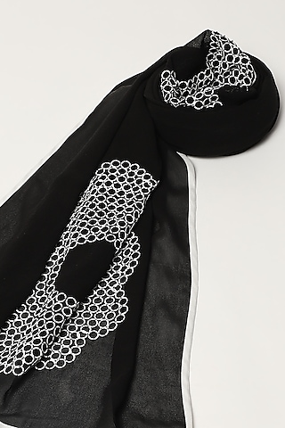 Black Silk & Georgette Floral Motif Embroidered Scarf by Abraham & Thakore