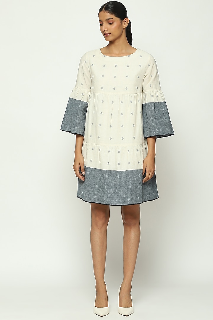 Ivory & Navy Jamdani Mini Dress by Abraham & Thakore at Pernia's Pop Up Shop