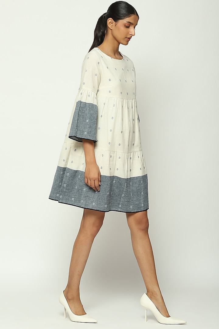 Ivory & Navy Jamdani Mini Vacation Dress by Abraham & Thakore at Pernia's Pop Up Shop