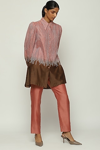 Peach Ombre Chanderi Embroidered Shirt by Abraham & Thakore