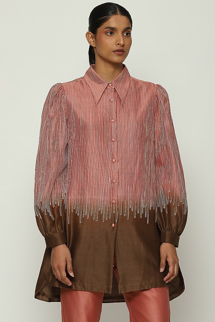 Peach Ombre Chanderi Embroidered Shirt by Abraham & Thakore at Pernia's Pop Up Shop