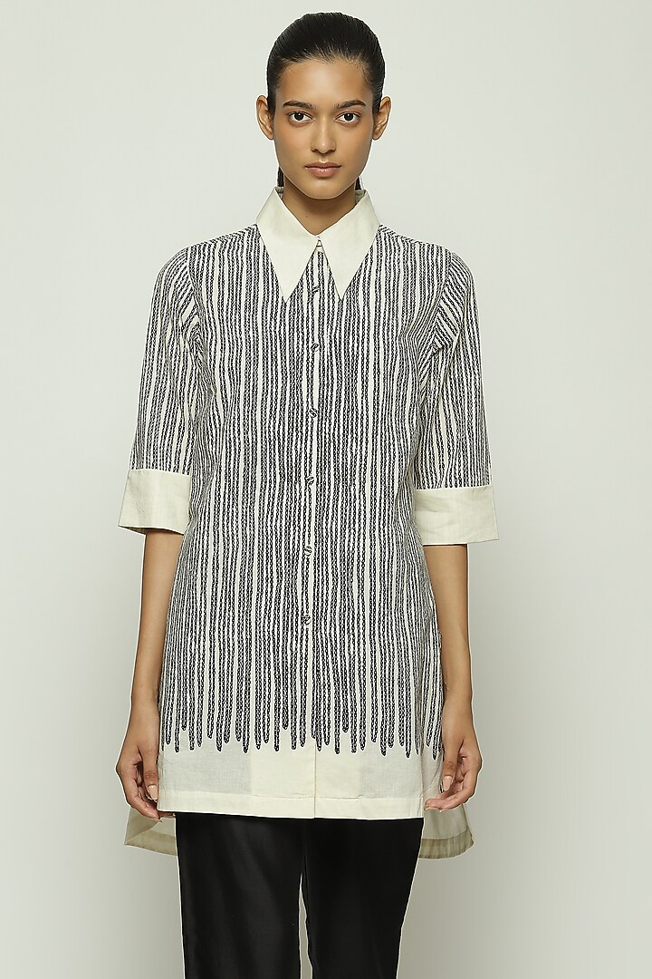 Black & White Voile Screen Printed Shirt by Abraham & Thakore at Pernia's Pop Up Shop