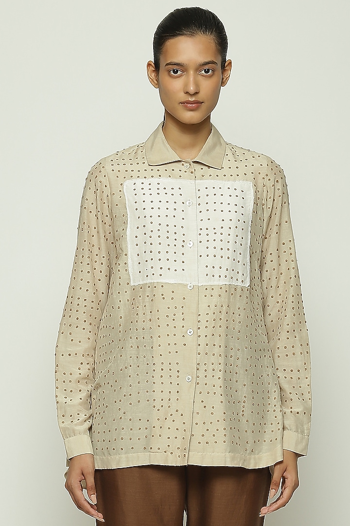 Beige Silk & Cotton Embroidered Shirt by Abraham & Thakore at Pernia's Pop Up Shop