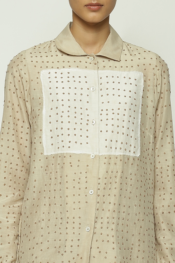 Beige Silk & Cotton Embroidered Shirt by Abraham & Thakore at Pernia's Pop Up Shop