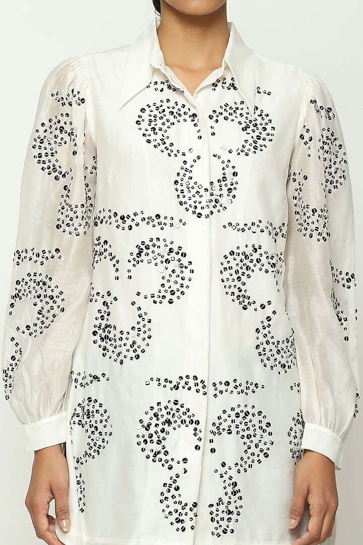 Ivory Chanderi Sequins & Bead Hand Embroidered Shirt by Abraham & Thakore at Pernia's Pop Up Shop